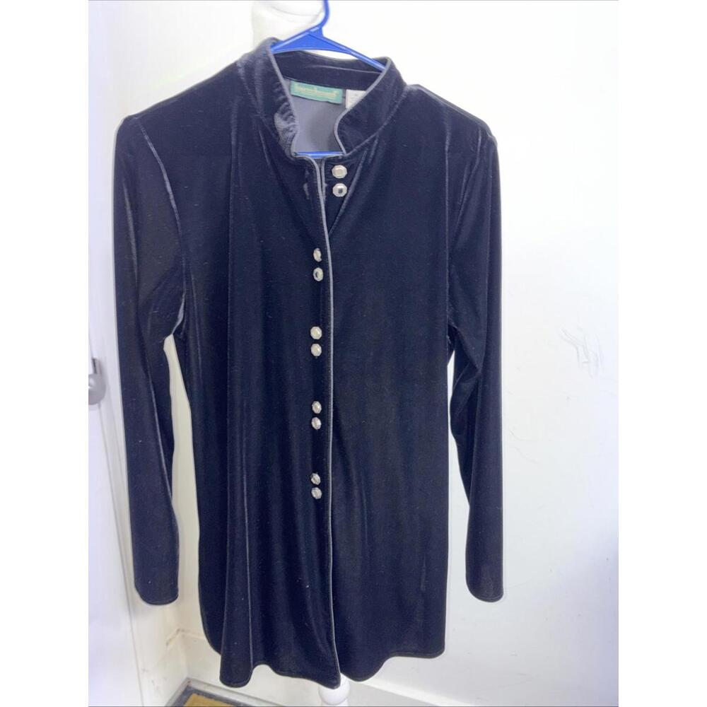 Harve Benard Black Velvet Button Front Mandarin Collar Jacket Coat Renaissance